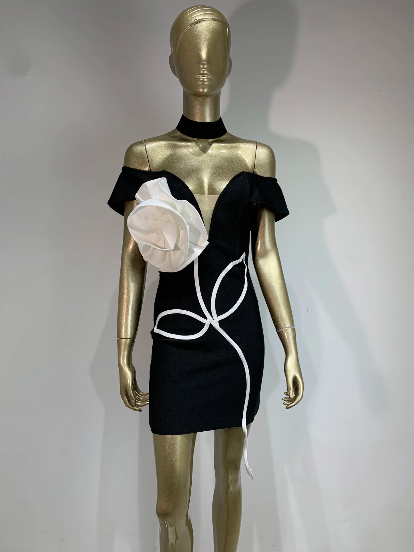 Floral Bardot Dress Black White HV1595