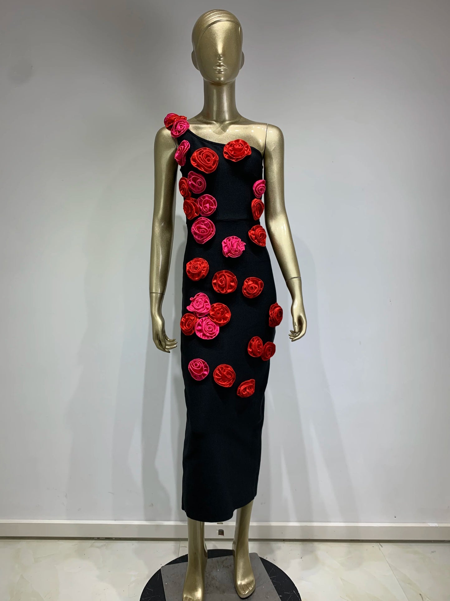 One Shoulder Rose Detail Midi Dress Black HV1094