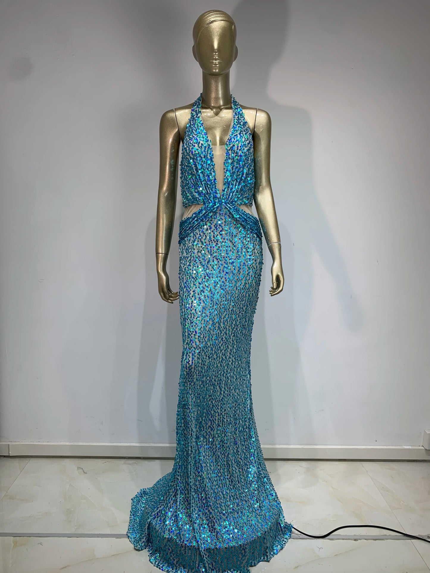 Halter Sequin Maxi Dress Turquoise HV1539