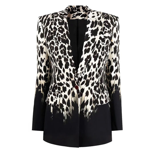 Long Sleeve Animal Print Blazer Black White