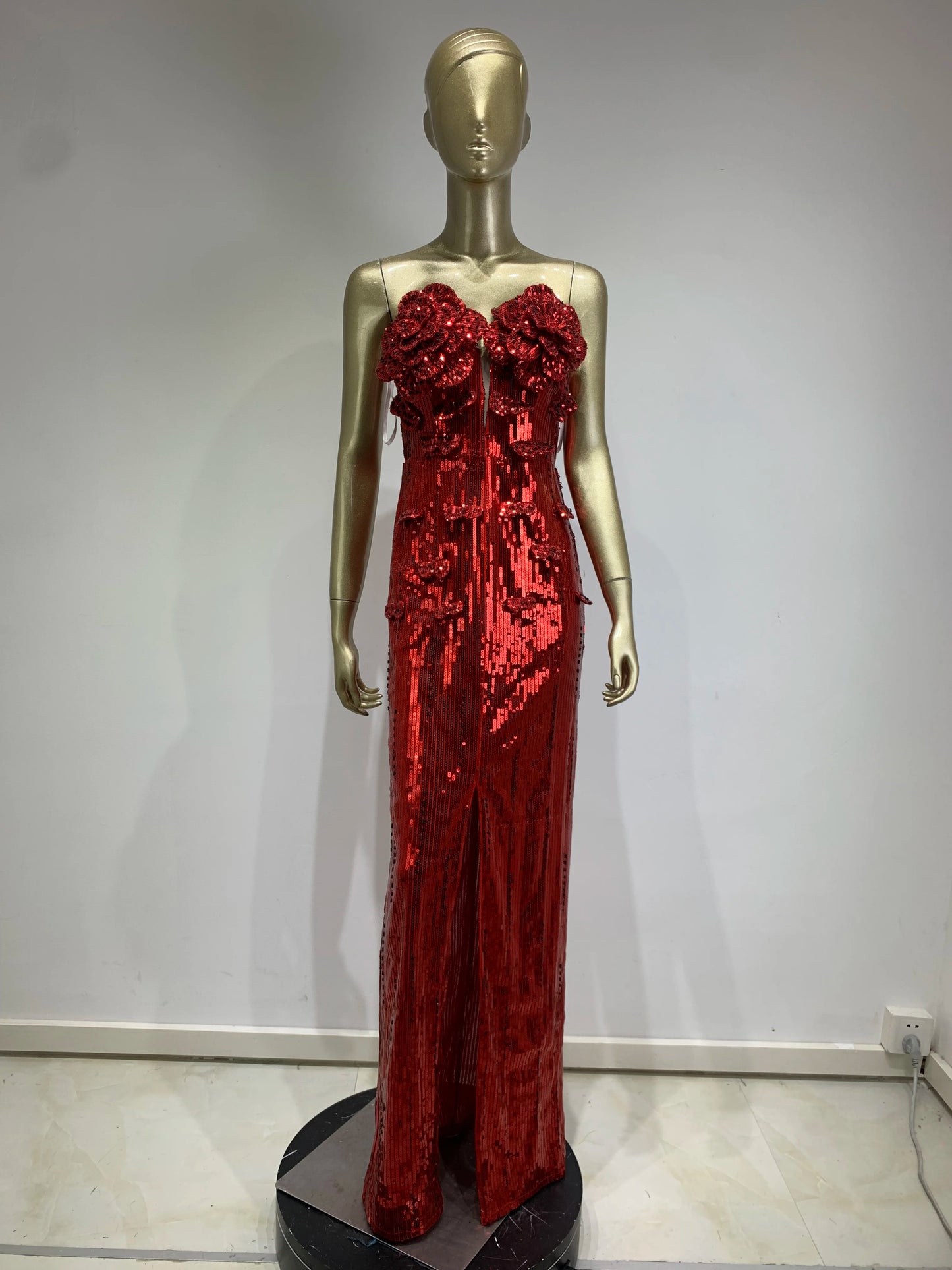 Strapless Flower Sequin Maxi Dress Red HV1007
