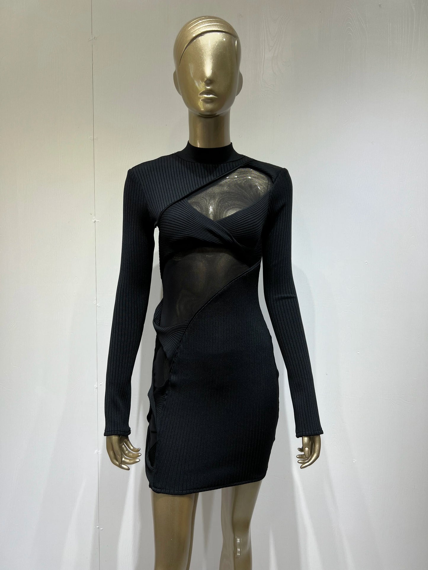 Long Sleeve Mesh Insert Ribbed Dress Black
