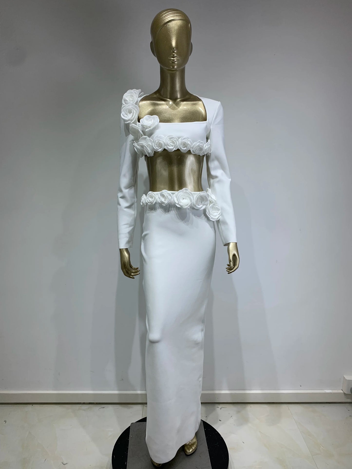 Long Sleeve Flower Detail Two Piece Maxi Dress White HV1155
