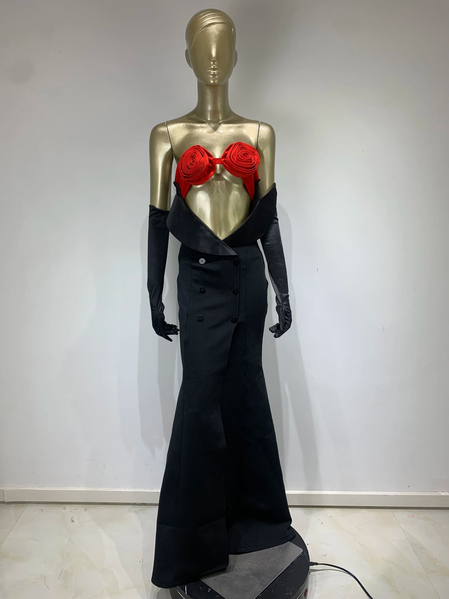 Rose Bustier Mermaid Maxi Dress Black Red HV9744