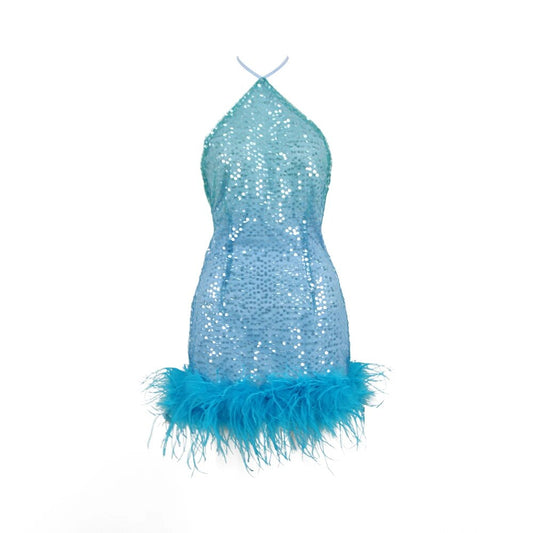 Halter Sequin Feather Hem Dress Blue HV9881