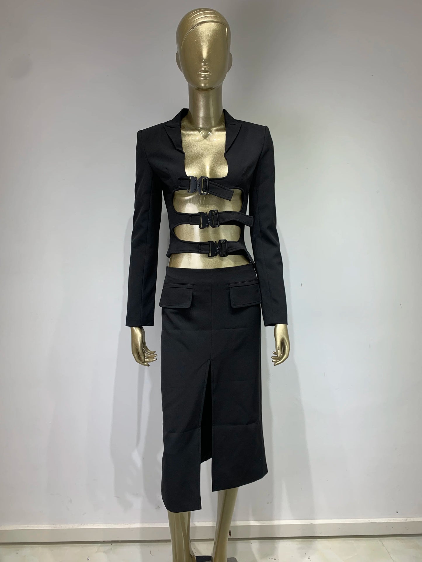 Long Sleeve Buckle Detail Midi Coat Dress Black HV9939