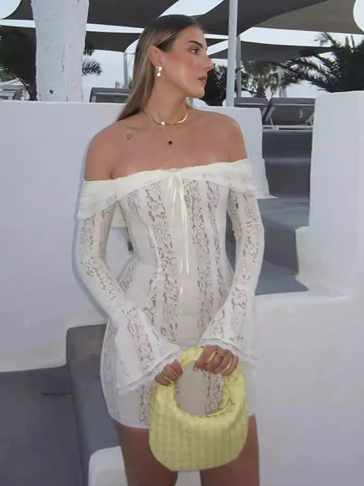 Long Sleeve Bardot Lace Insert Dress White