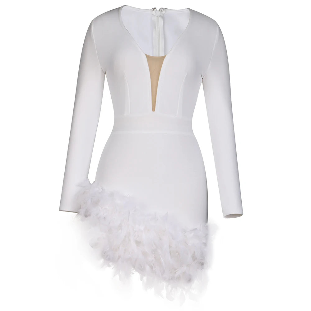 Long Sleeve Rhinestone Feather Dress HV9215