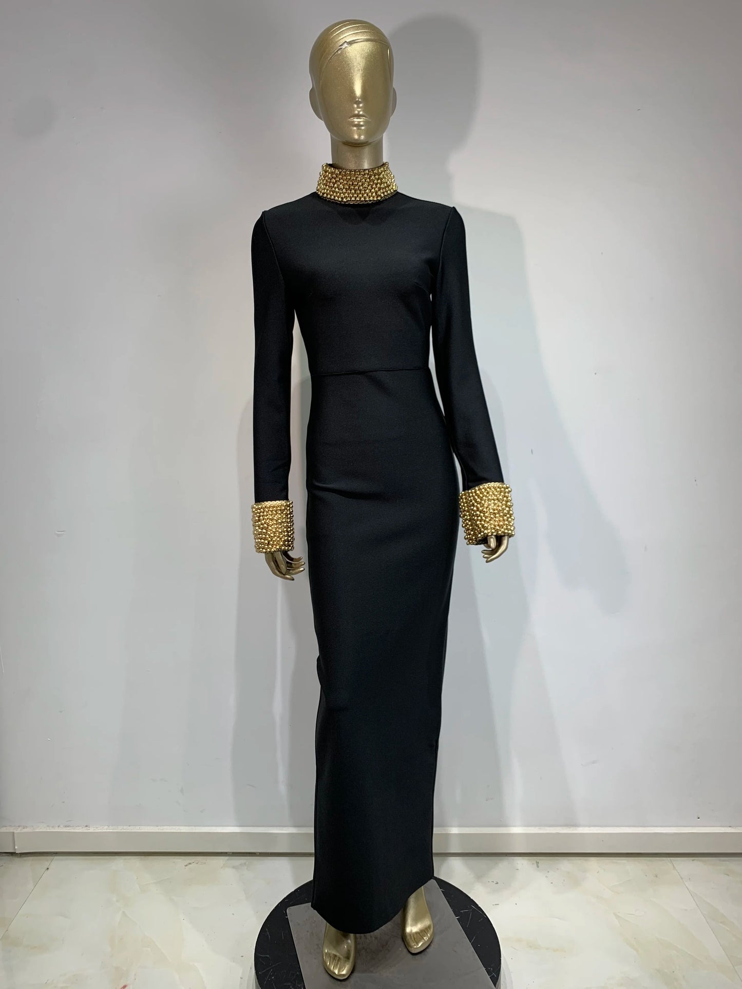 Long Sleeve Embellished Backless Maxi Dress Black HV1739