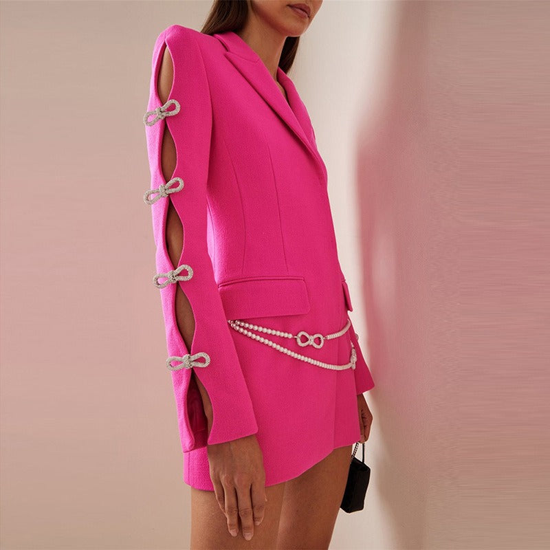 Long Sleeve Crystal Bow Blazer Dress Lavender
