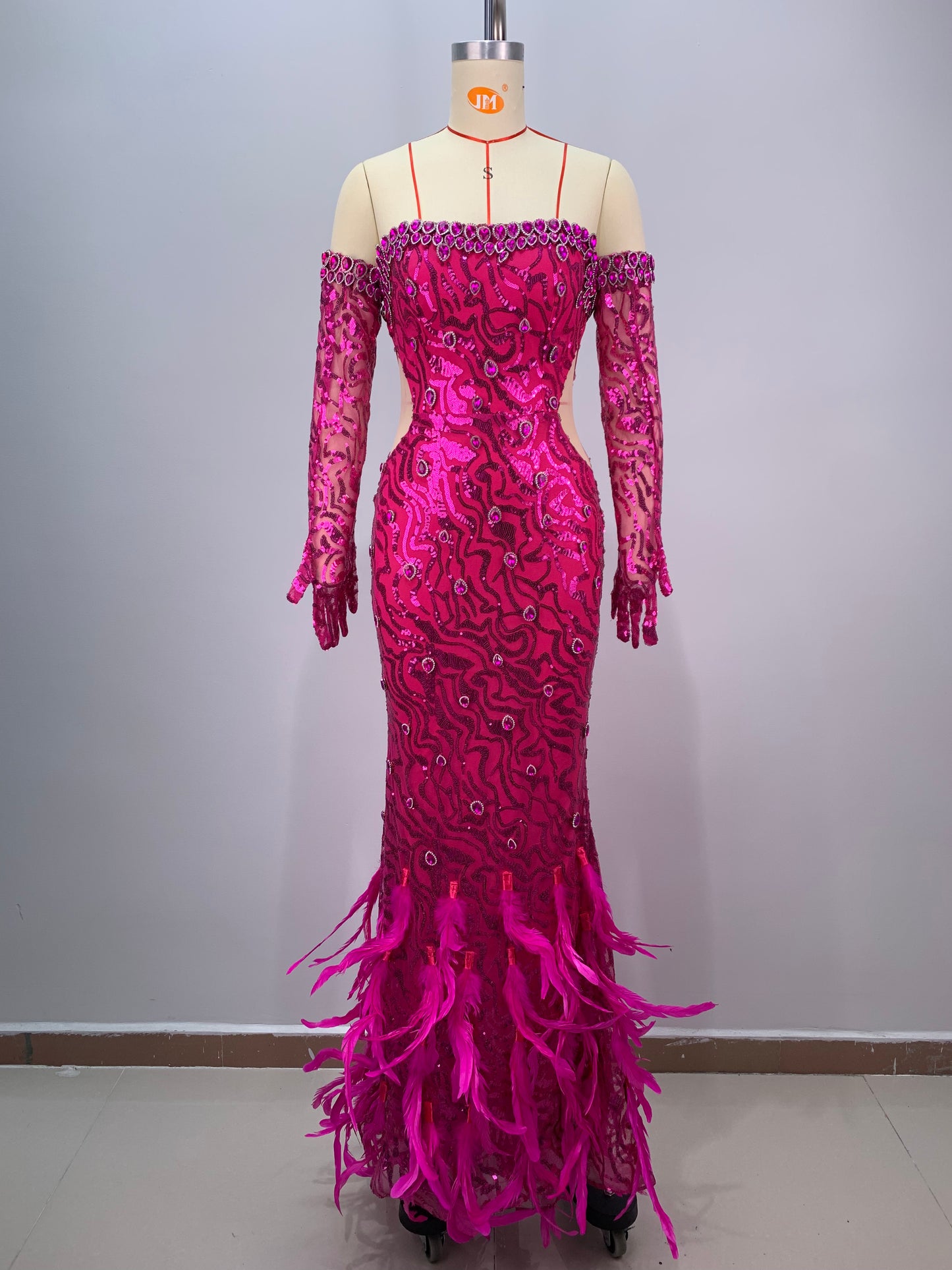Strapless Sequin Feather Maxi Dress Hot Pink HV1553