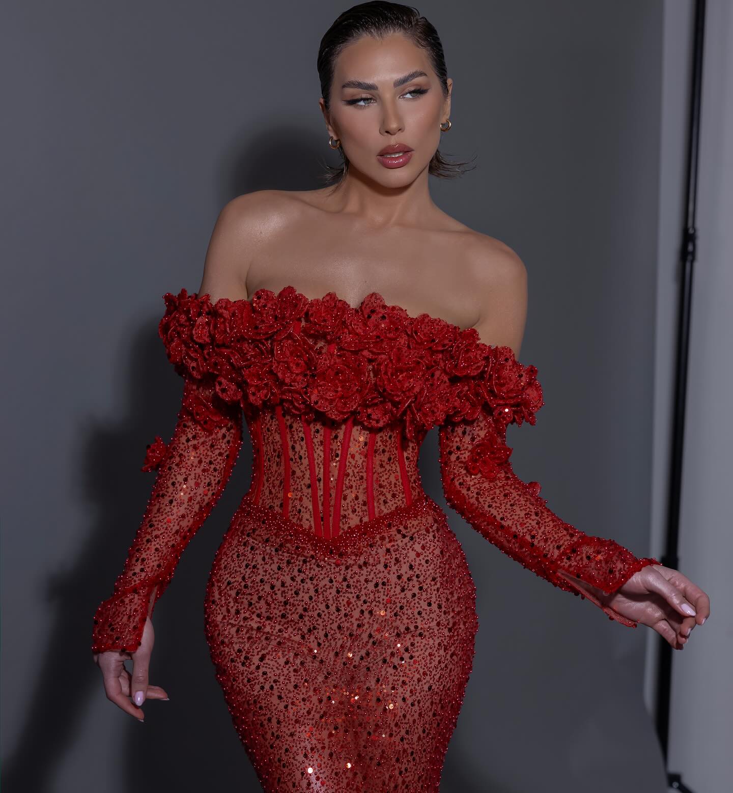 Long Sleeve Floral Bardot Sequin Maxi Dress Red HV1798