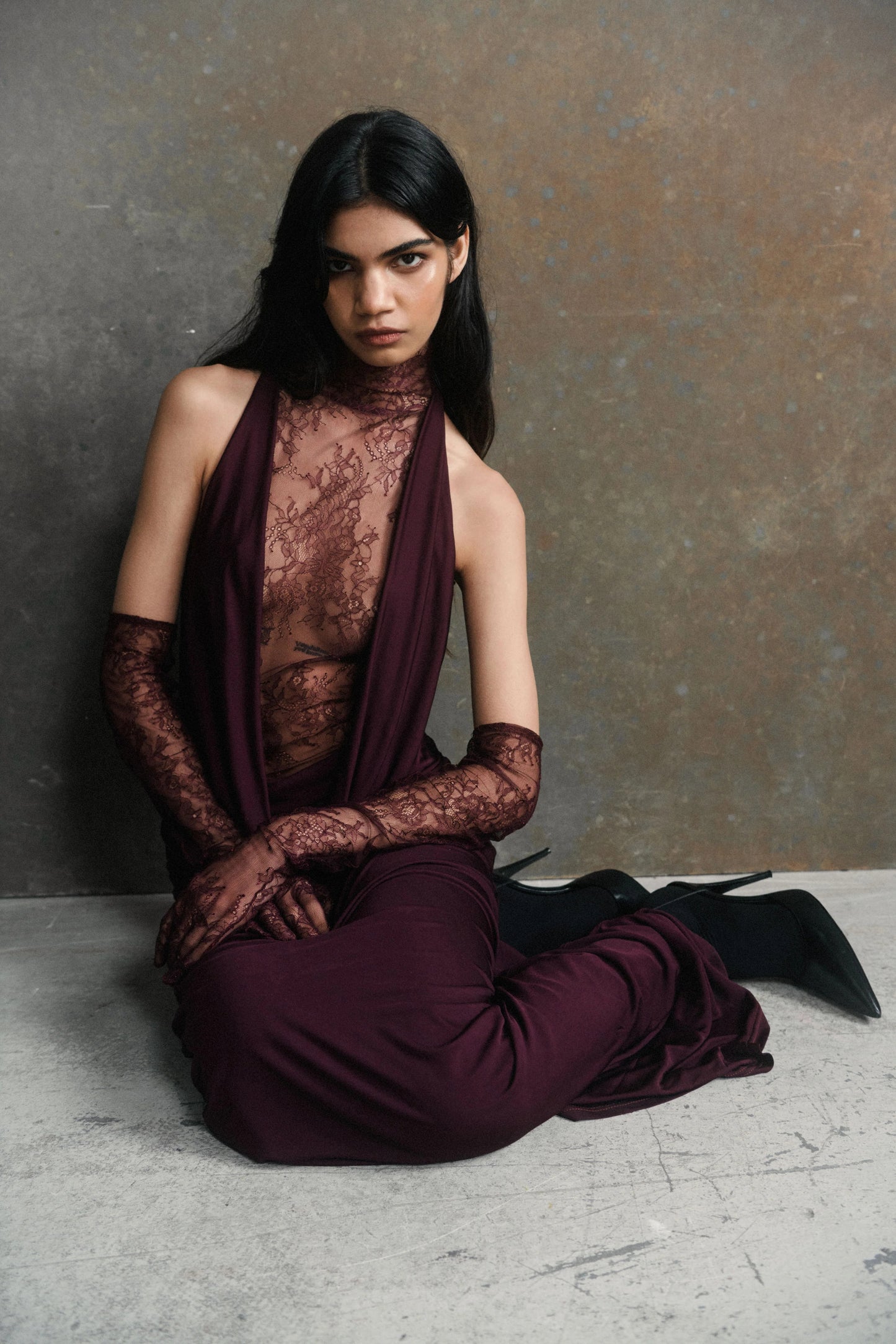 Halter Lace Insert Maxi Dress Plum HV1930