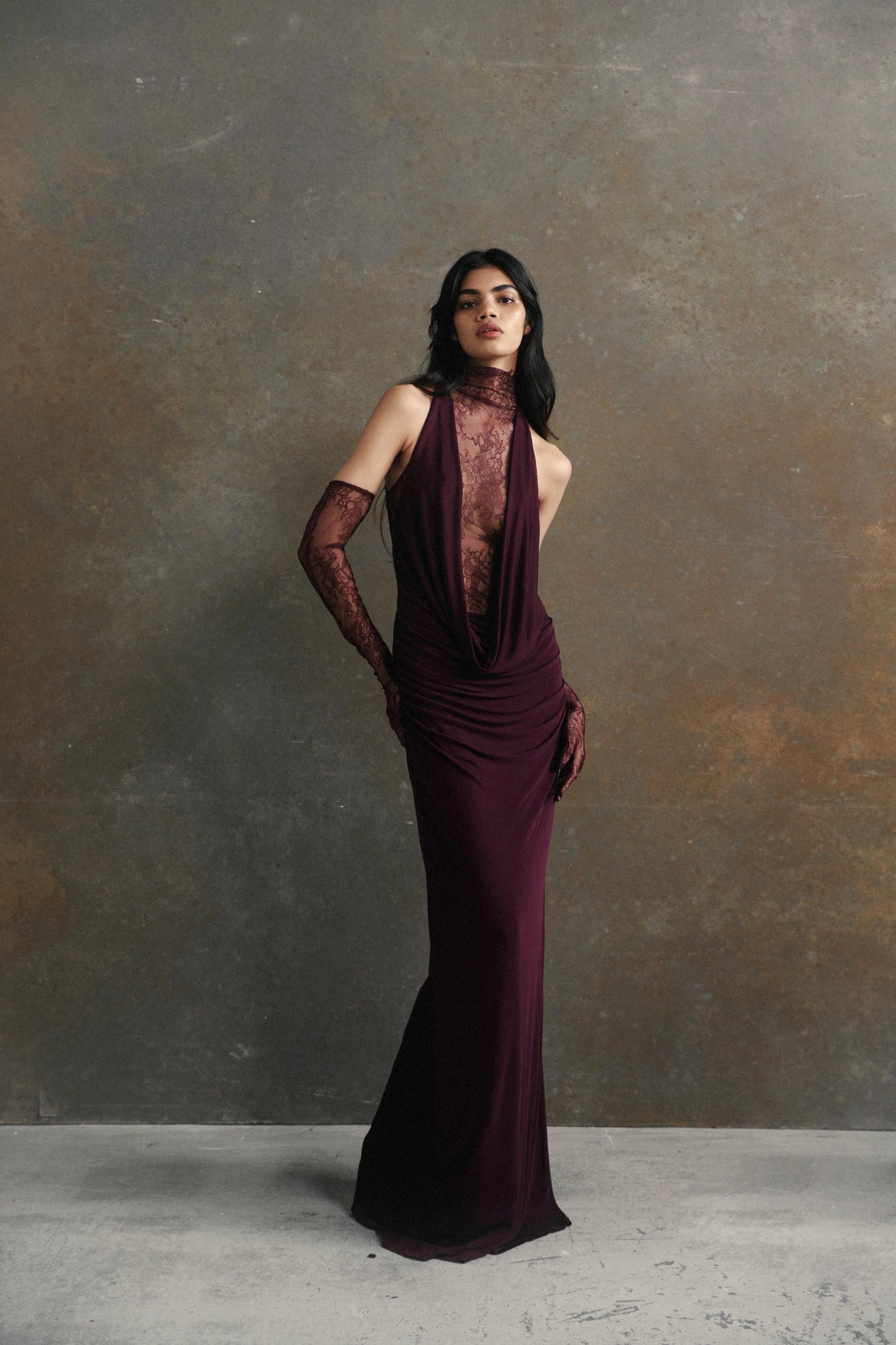 Halter Lace Insert Maxi Dress Plum HV1930