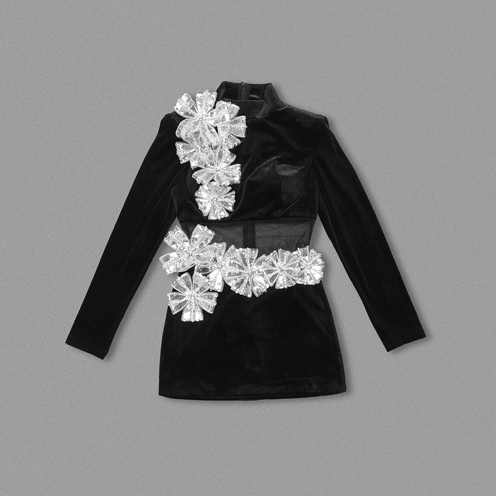 Long Sleeve Sequin Floral Velvet Dress Black HV1695