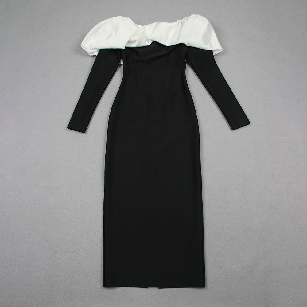 Long Sleeve Puff Bardot Midi Dress Black White HV1803