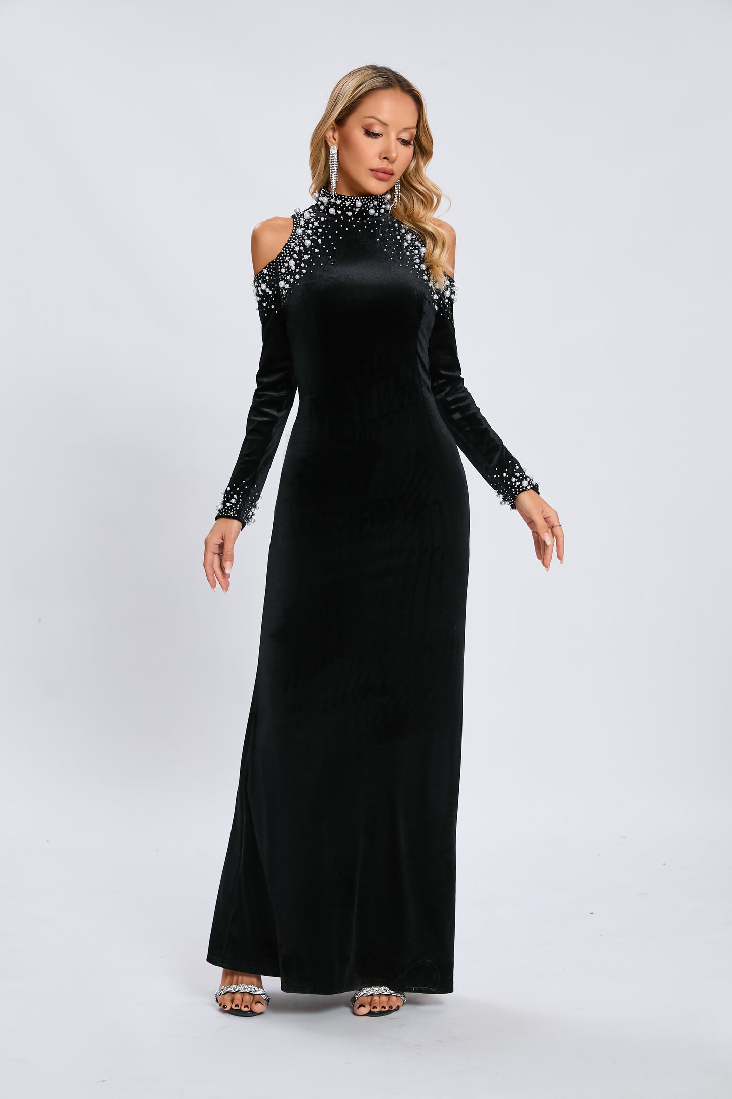 Long Sleeve Pearl Crystal Maxi Velvet Dress Black HV1928