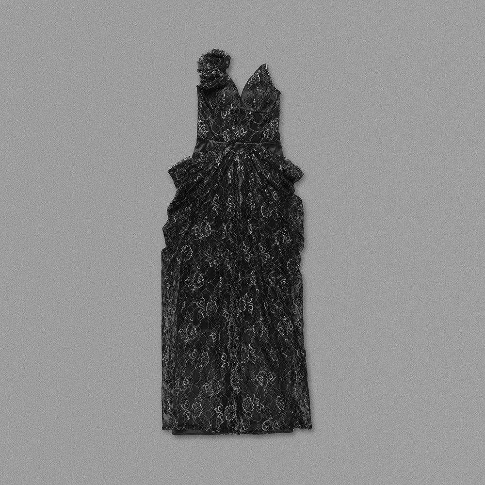 Strapless Floral Draped Lace Maxi Dress Black HV1140