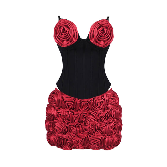 Strapless Floral Two Piece Corset Dress Black Red HV1953
