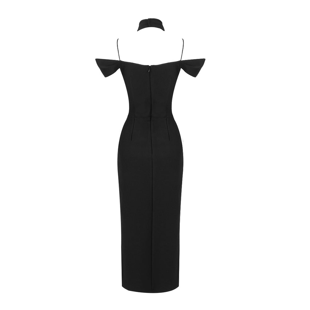 Plunge V Neck Off Shoulder Midi Dress Black HV9539