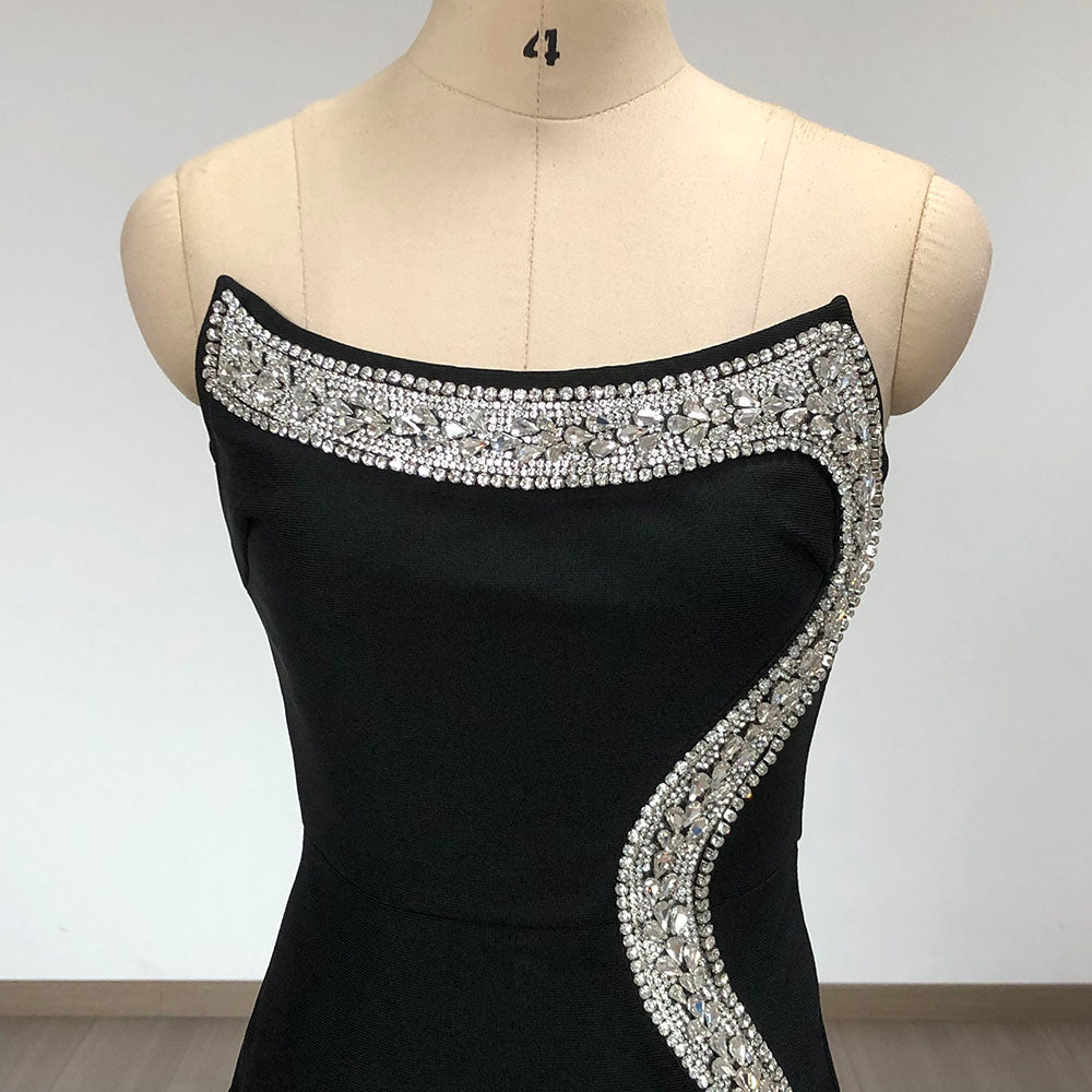 Strapless Design Crystal Detail Maxi Dress Black