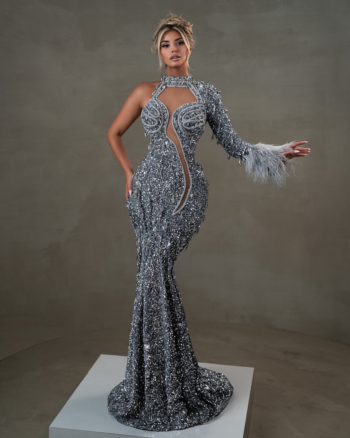 One Sleeve Sequin Maxi Dress Grey HV2229