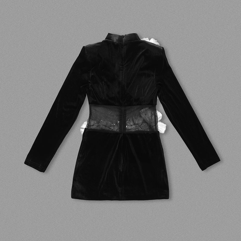 Long Sleeve Sequin Floral Velvet Dress Black HV1695
