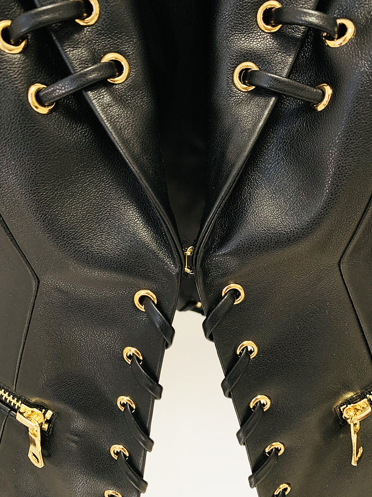 Long Sleeve Lace Up Faux Leather Jacket Black HV1202