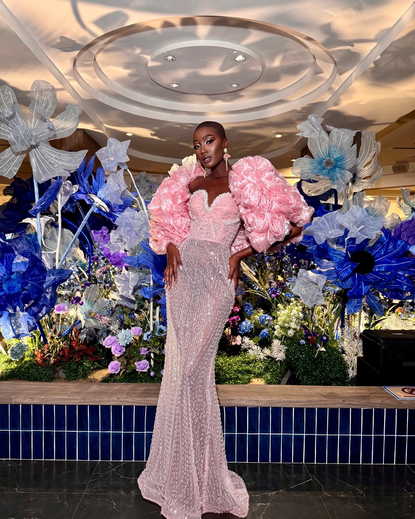 Strapless Crystal Bustier Sequin Maxi Dress Pink HV2017