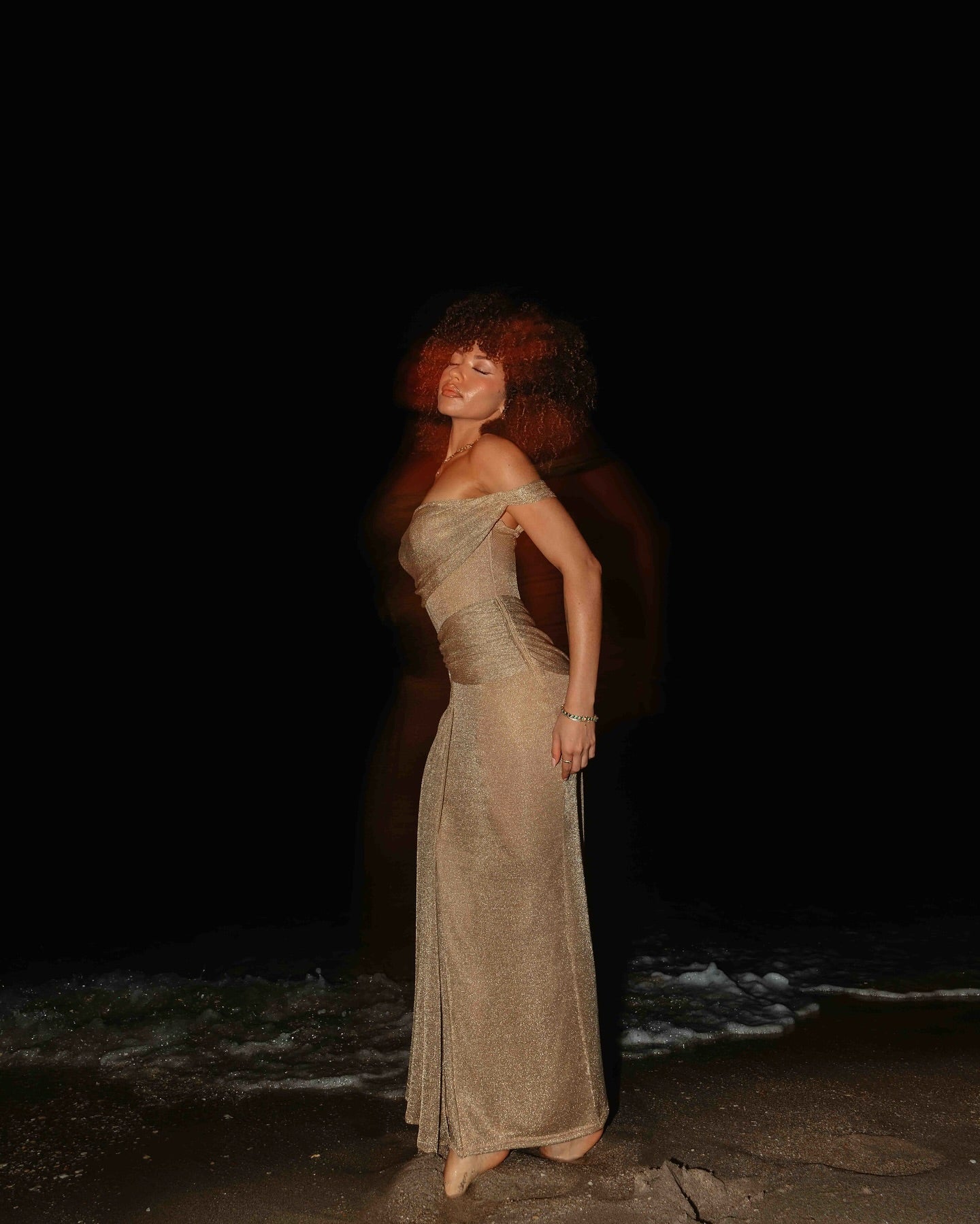 One Shoulder Draped Maxi Dress Gold Nude HV2070