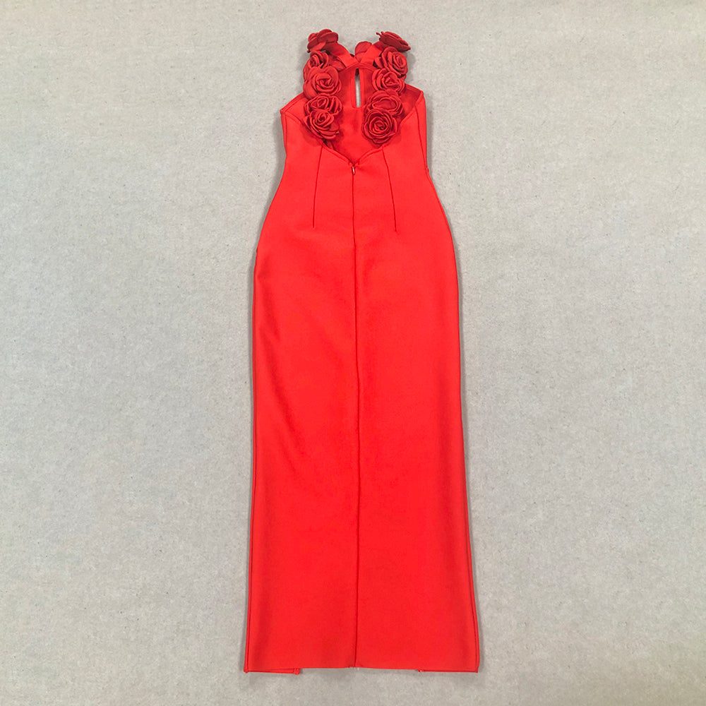 Halter Floral Backless Maxi Dress Red HV1733