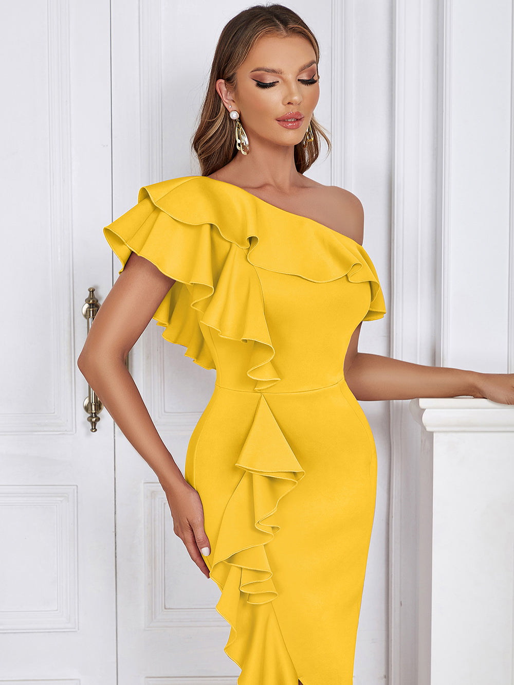 Off Shoulder Ruffle Midi Dress HV9649