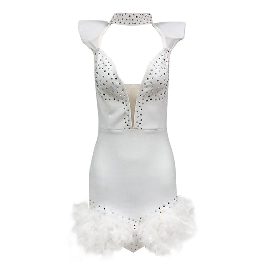 Crystal Embellished Feather Hem Dress White  HV1471