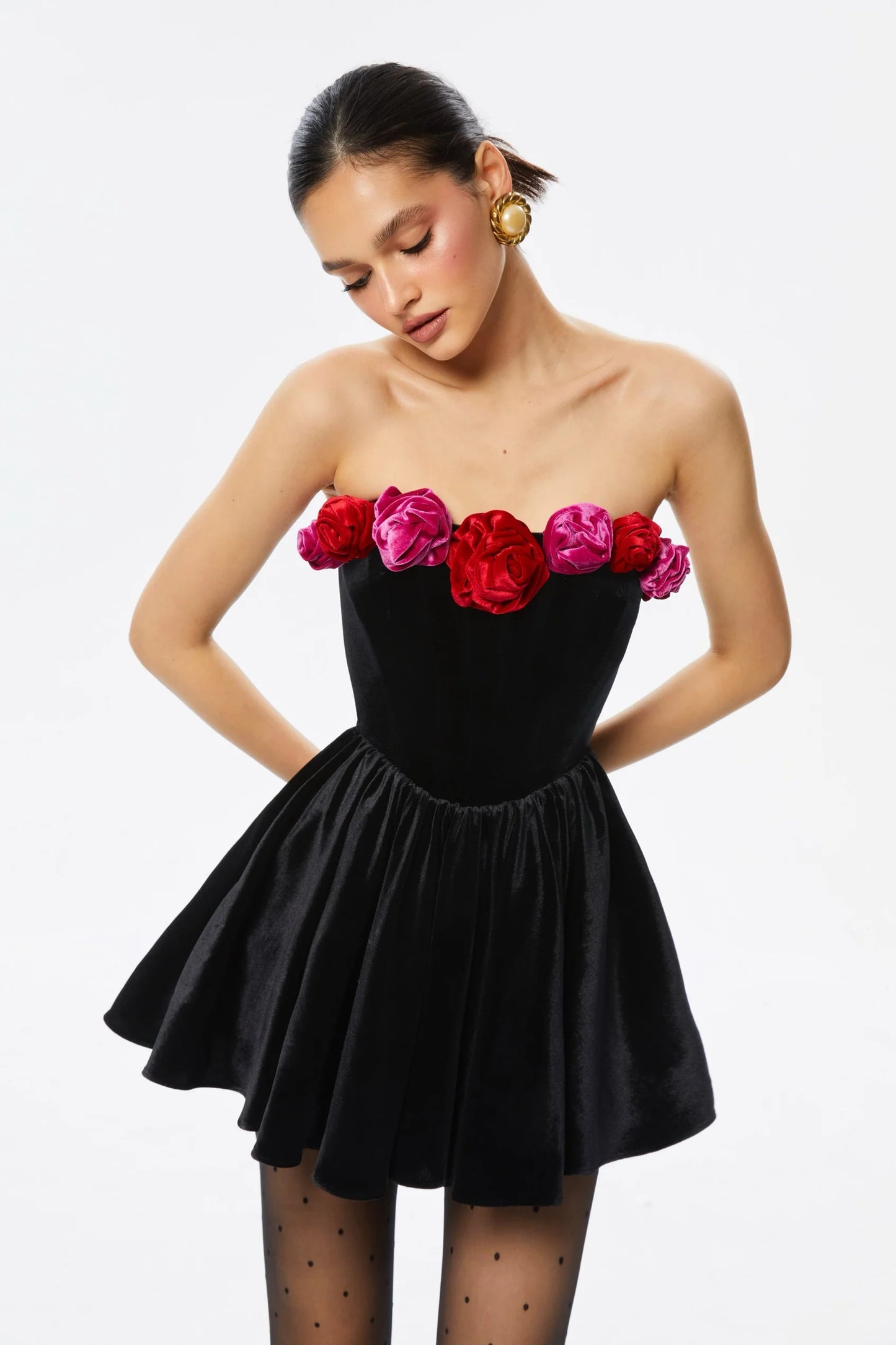 Flower Detail Strapless A Line Velvet Dress Black HV1173