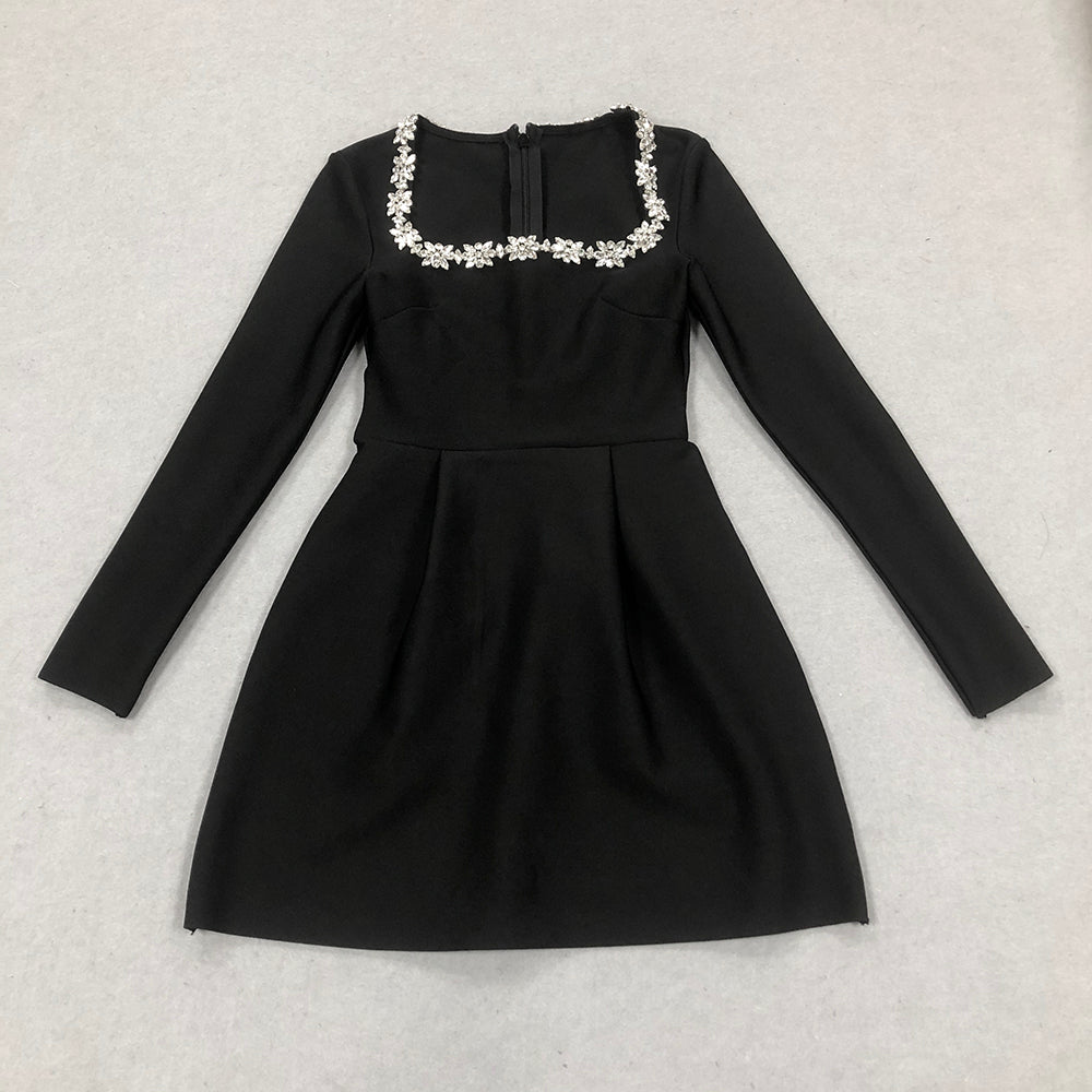Long Sleeve Crystal A Line Dress White HV1295
