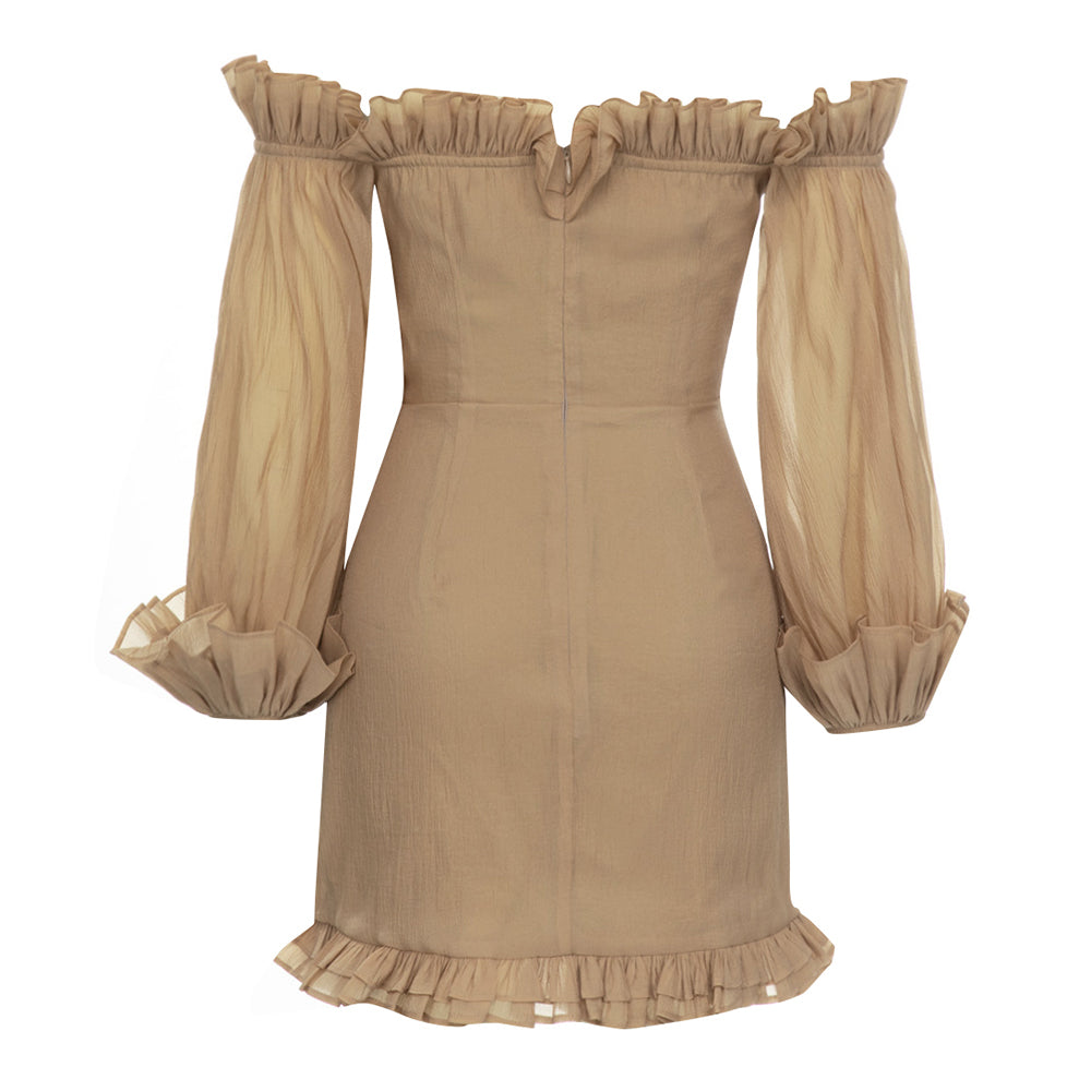 Puff Long Sleeve Off Shoulder Ruffle Dress Brown