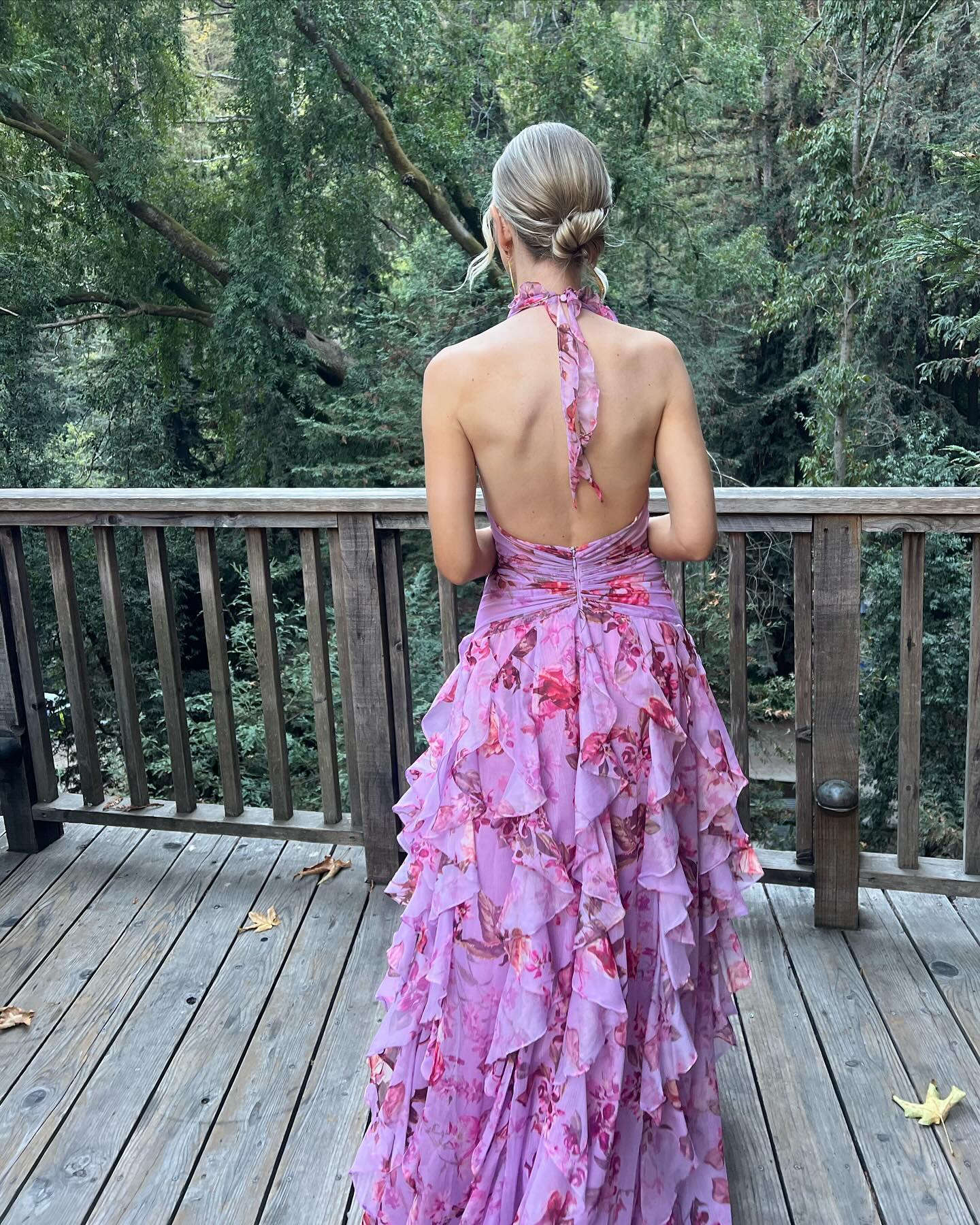 Halter Floral Ruffle Maxi Dress Pink HV2137