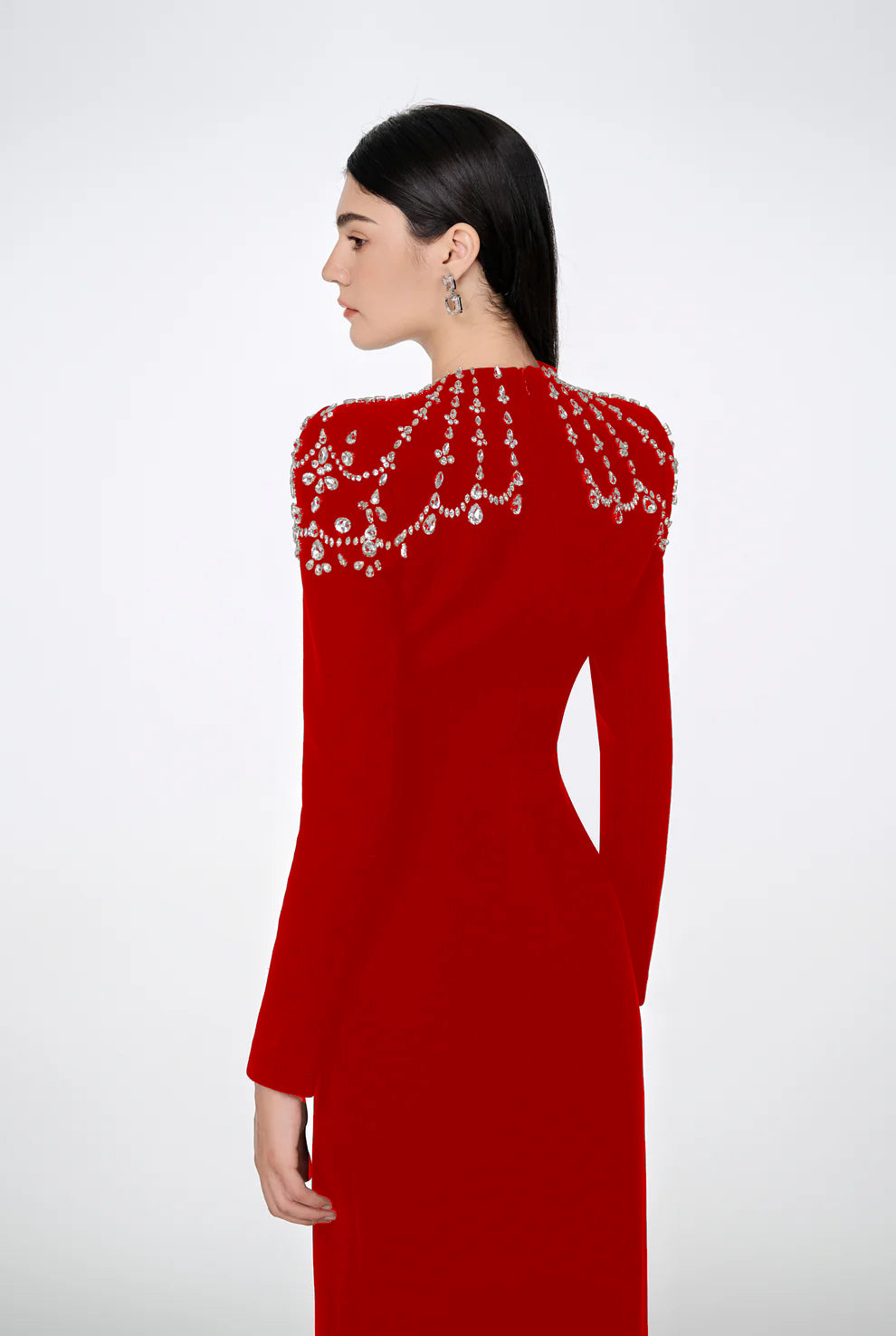 Long Sleeve Crystal Shoulder Maxi Dress Red BB10026