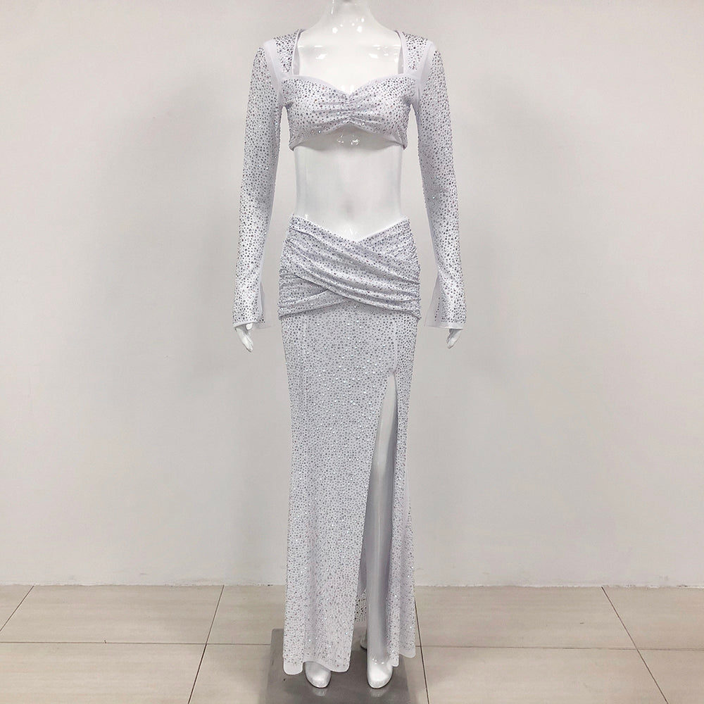 Long Sleeve Crystal Two Piece Maxi Dress Silver HV1569