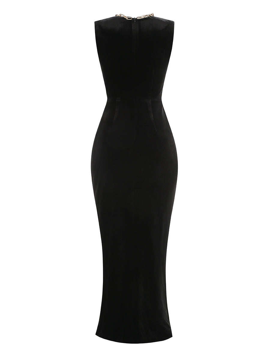 Crystal Chain Maxi Velvet Dress Black