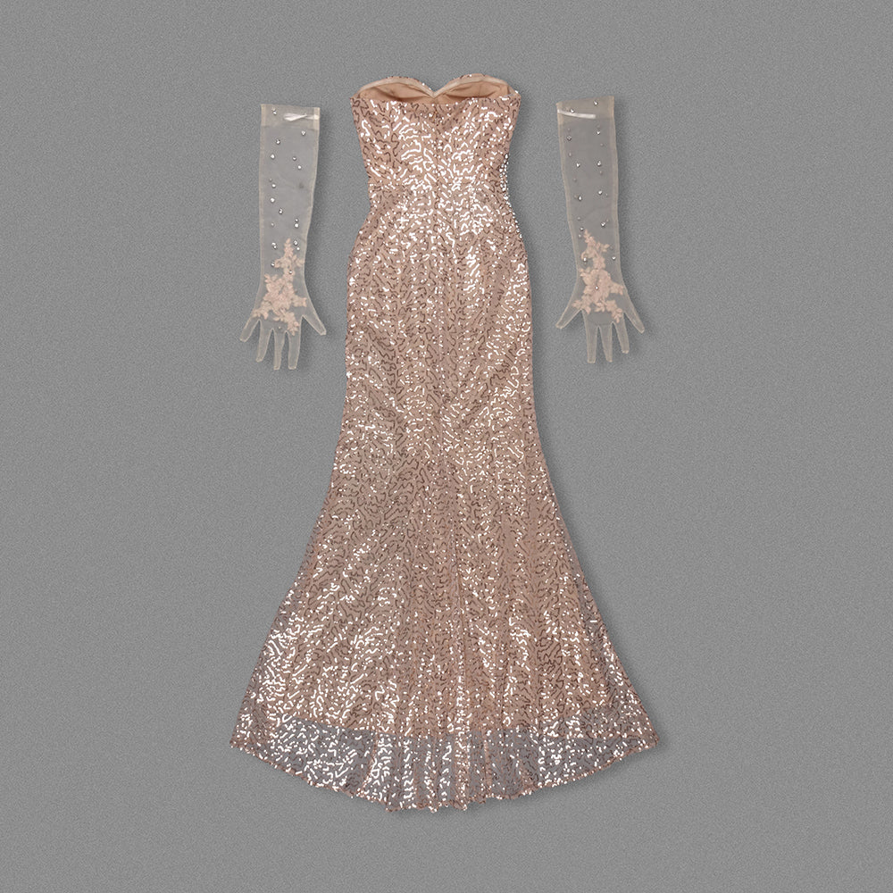 Strapless Crystal Sequin Corset Maxi Dress Nude HV1916