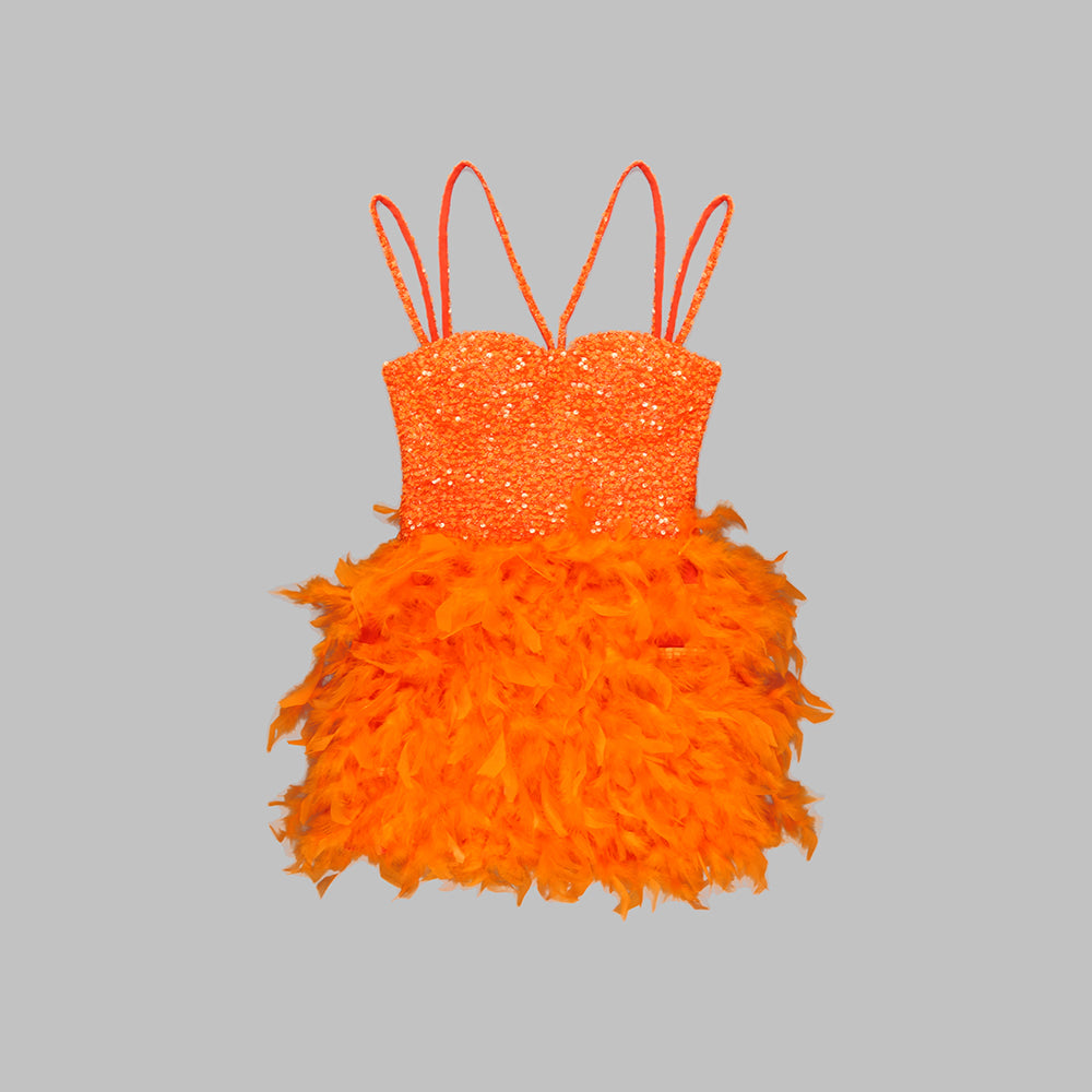 Bustier Sequin Feather Dress Orange HV9569