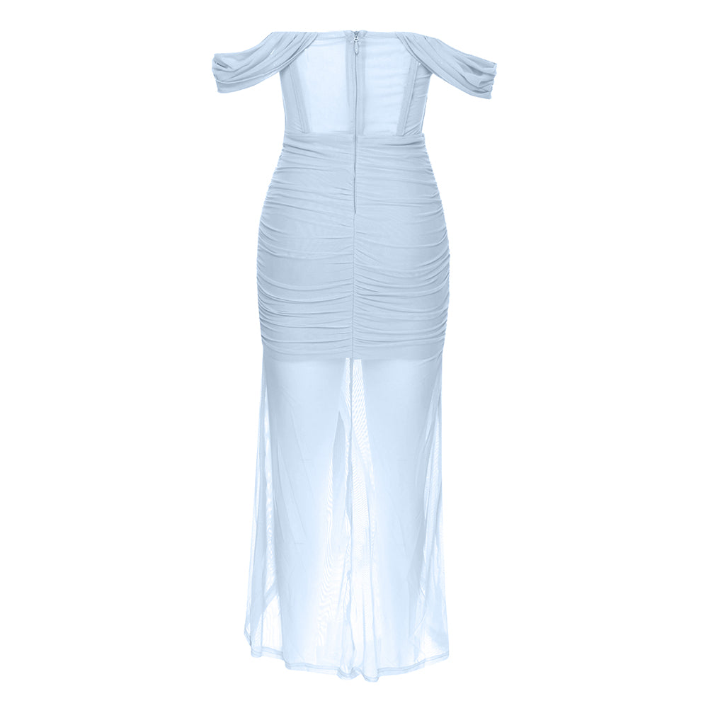 Off Shoulder Bustier Draped Mesh Maxi Dress HV9837