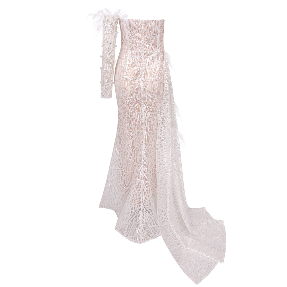 One Sleeve Strapless Bustier Embellished Dress White HV1267