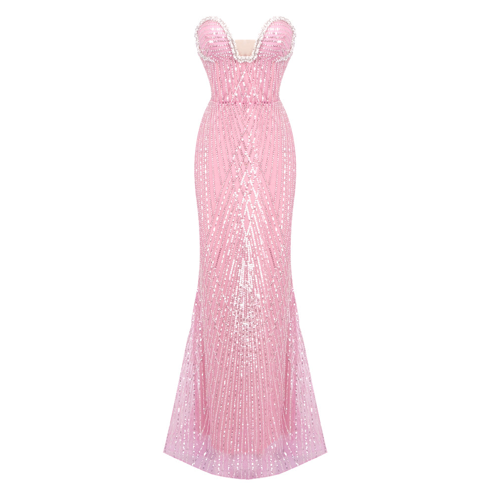 Strapless Crystal Bustier Sequin Maxi Dress Pink HV2017