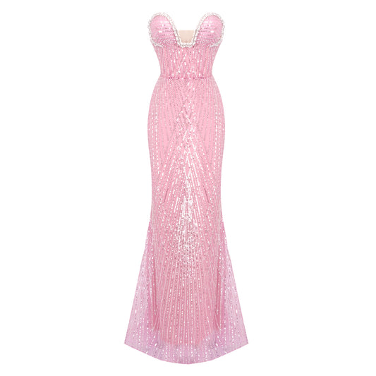 Strapless Crystal Bustier Sequin Maxi Dress Pink HV2017