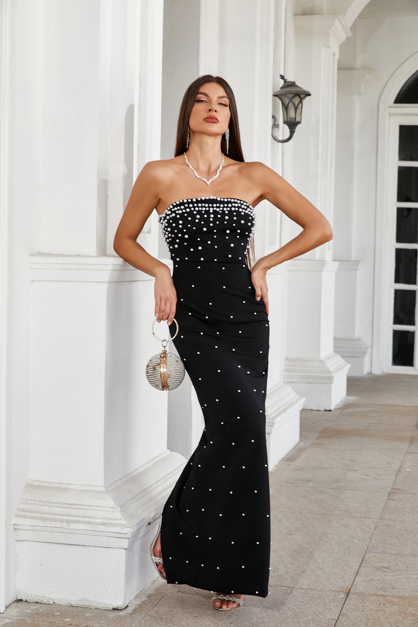 Strapless Pearl Maxi Dress Black HV1773