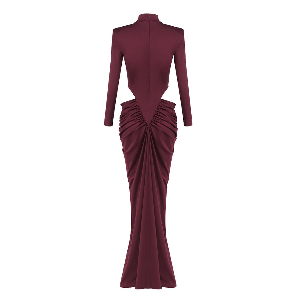 Long Sleeve Draped Cut Out Detail Maxi Dress Burgundy HV2675