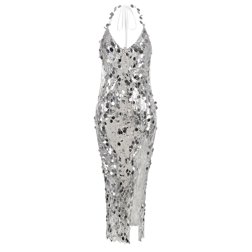 Halter Big Sequins Maxi Dress Silver