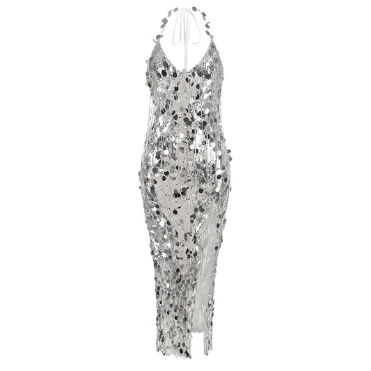 Halter Big Sequins Maxi Dress Silver